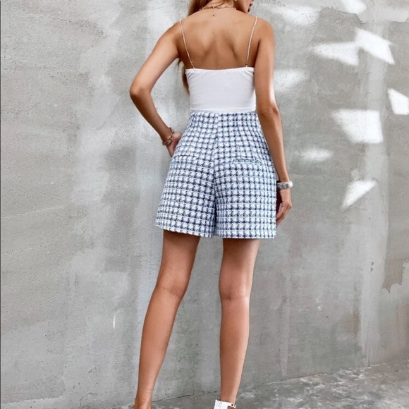 Blue Plaid Slant Pocket Tweed Shorts Sz S New - Picture 2 of 5